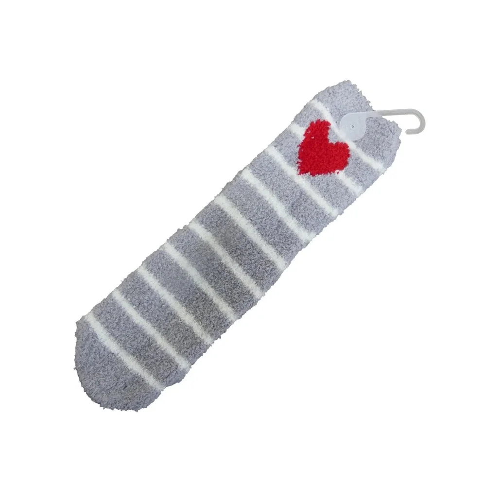 Old Navy Cozy Socks Women OS Grey New Striped Heart Fuzzy Crew Loungewear